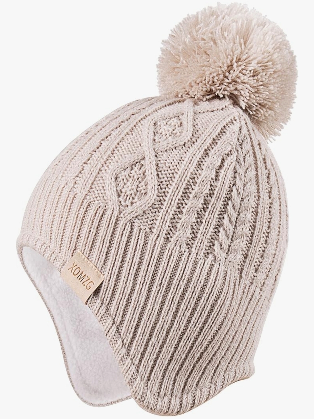 Kids' Cable Knit Earflap Beanie with Pom - Light Pink